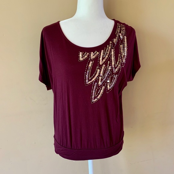 Apt. 9 Tops - Apt 9 Small Burgundy Plum Gold Sequin Shirt Top